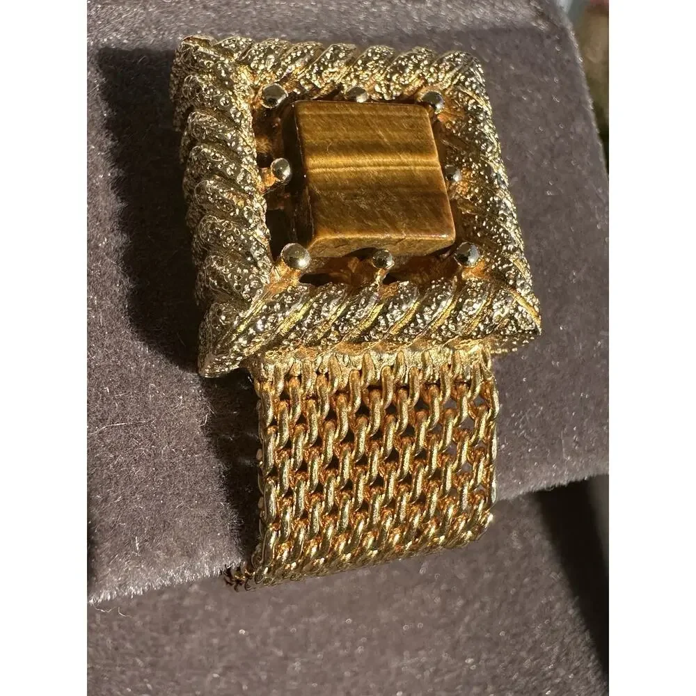 Vintage MCM SWANK Square Oval Tigers Eye Cufflink Set Gold Tone Original Box